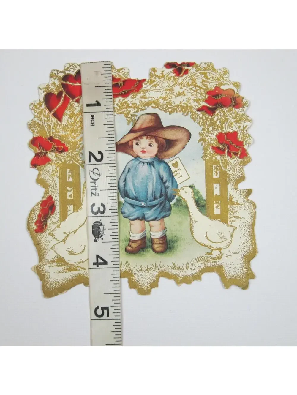 Vintage Valentine Card Boy Blue & Brown Hat White Goose Red Gold Die cut Bifold